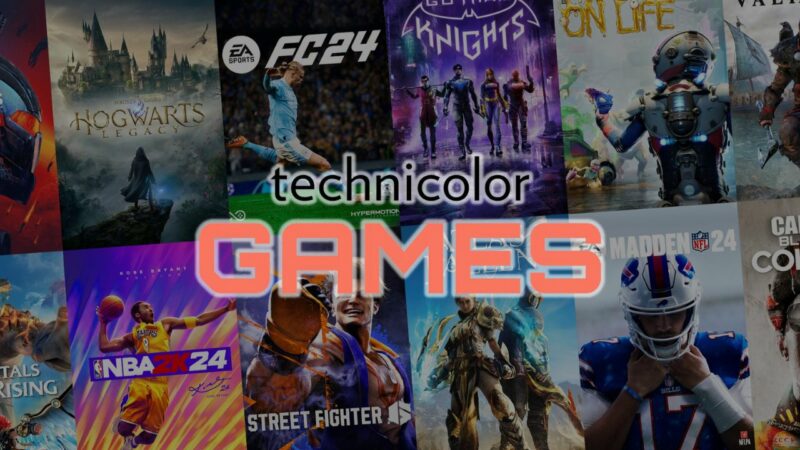 technicolor games logo over a compilation of thumbnail photos of their games.