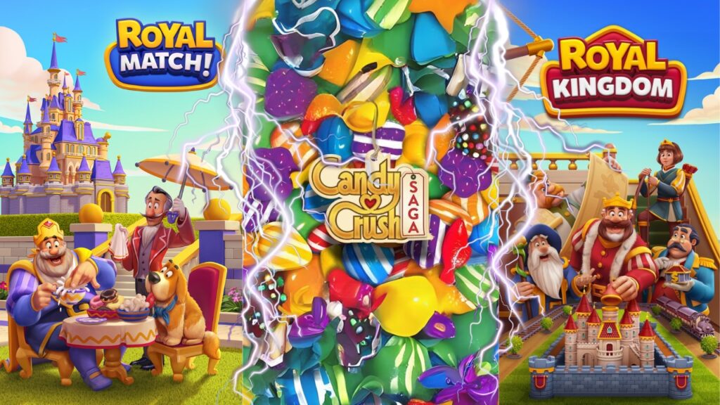 royal kingdom, royal match, candy crush saga title images.
