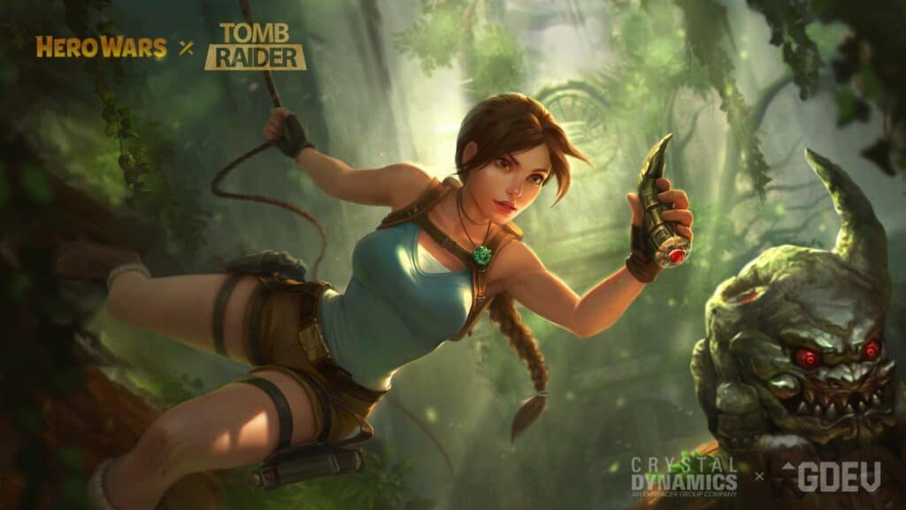 Lara Craft hanging from a tree in a jungle with a weapon in her hang.