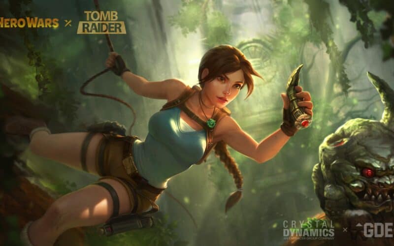 Lara Craft hanging from a tree in a jungle with a weapon in her hang.