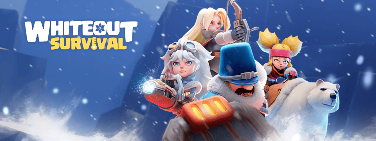 Whiteout Survival logo and game art. Game art showcases characters from the game in a snowy setting.