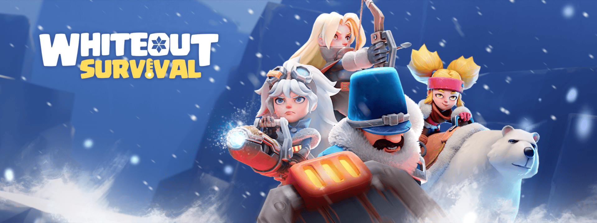 Whiteout Survival logo and game art. Game art showcases characters from the game in a snowy setting.