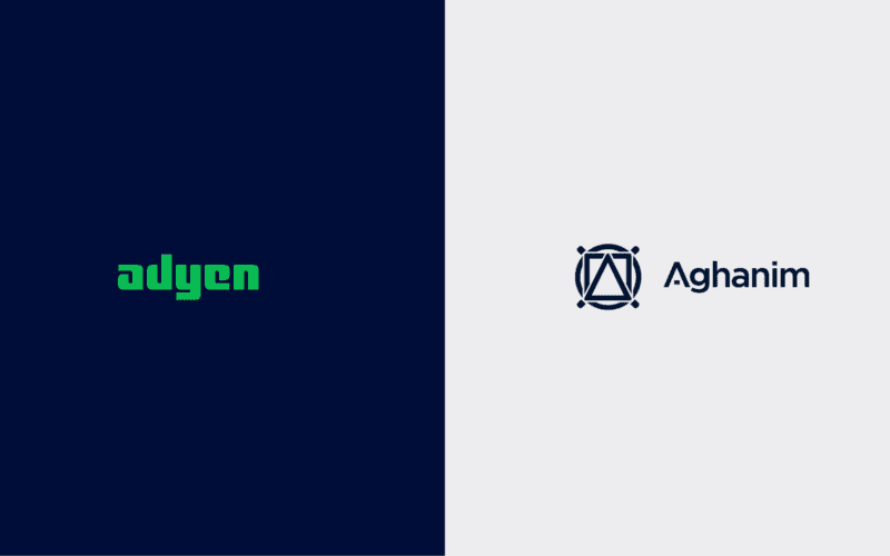 Aghanim logo on the left, Adyen logo on the right side