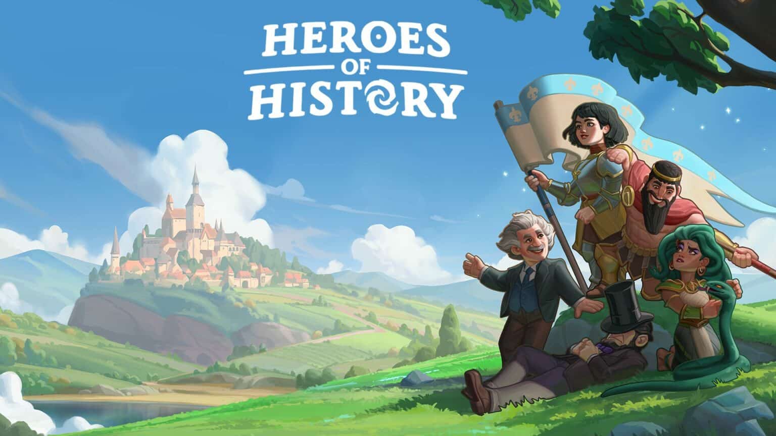 Heroes of History logo and text with game cover art. Cover art shows historical figures like Einstein and Abraham Lincoln in a fantasy themed forest area with a castle in the background.