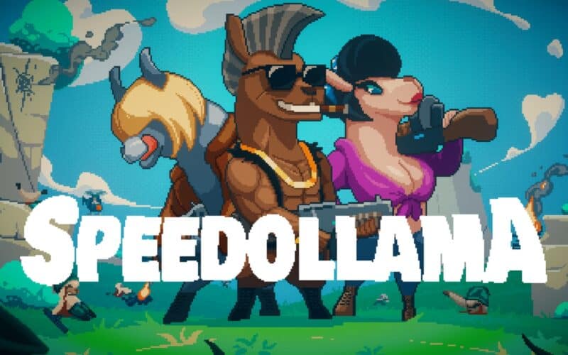 Speedollama keyart shows 3 main characters from the game in a pixel art style.