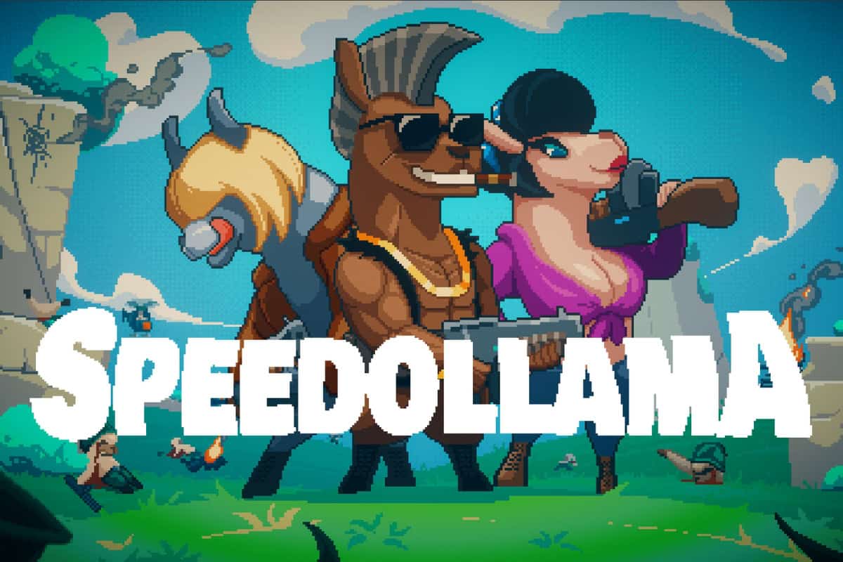 Speedollama keyart shows 3 main characters from the game in a pixel art style.