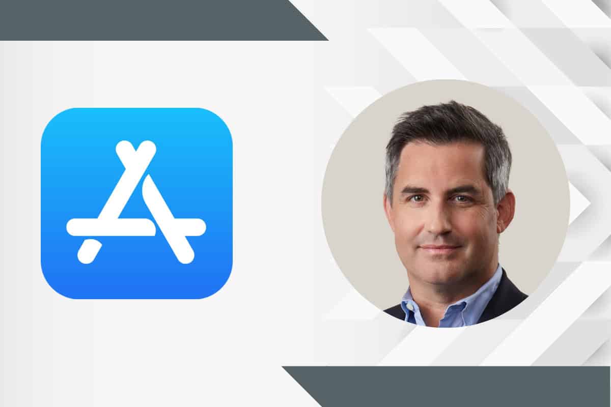 App store logo on the left - VP of Apple Matt Fischer's photo on the right in a white background
