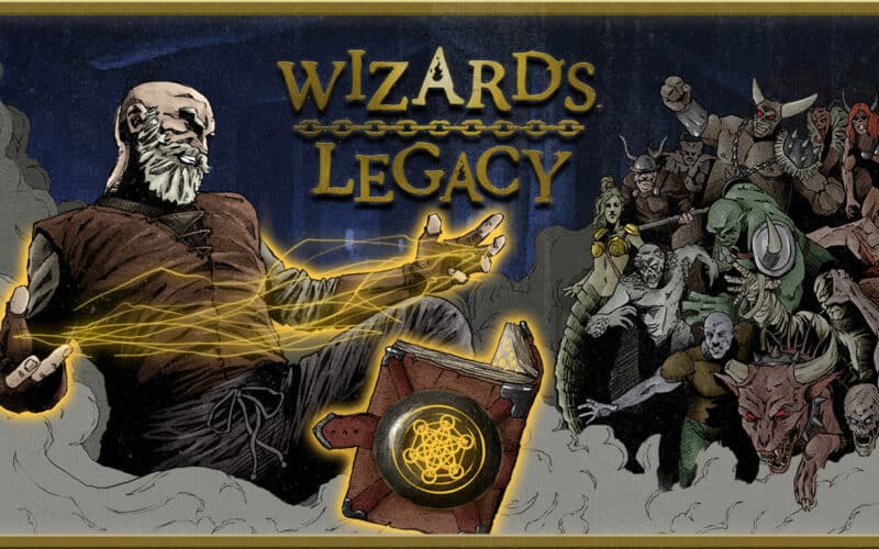 Wizard's Legacy game banner. Old wizard hero on the left side, casting a lighthing spell, army of enemies on the right side, charging towards the heor. Wizards Legacy game logo and text in the middle