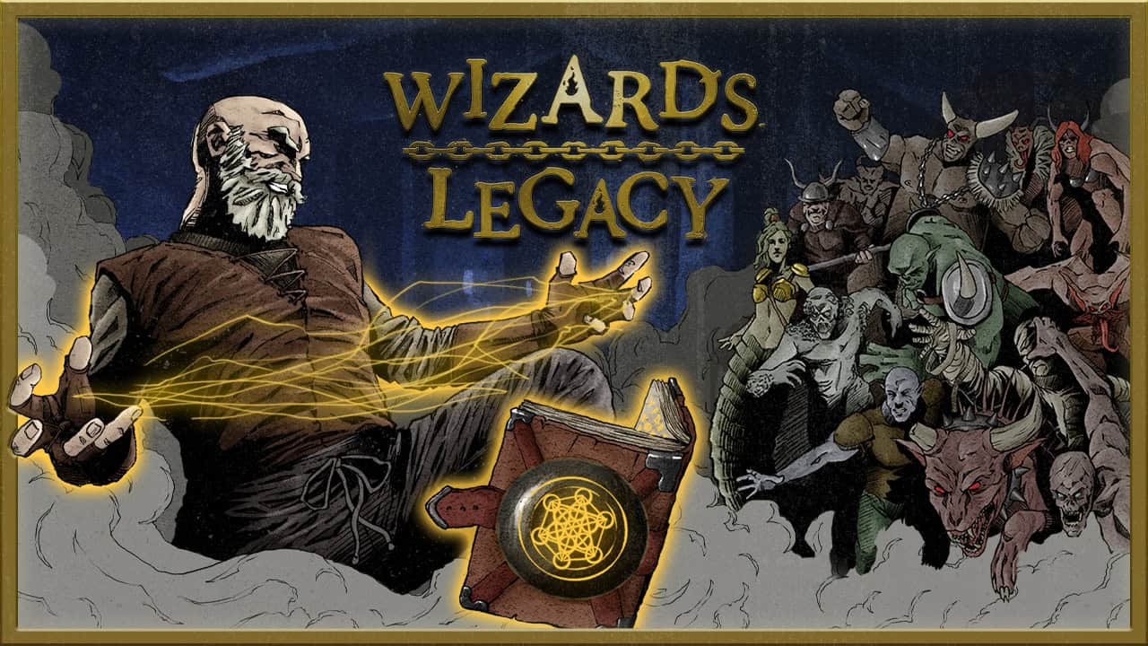 Wizard's Legacy game banner. Old wizard hero on the left side, casting a lighthing spell, army of enemies on the right side, charging towards the heor. Wizards Legacy game logo and text in the middle