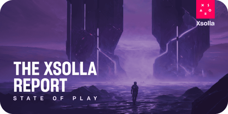 Xsolla State of Play text on bottom left. Top right has the Xsolla company logo. Background is a purple sci-fi picture.