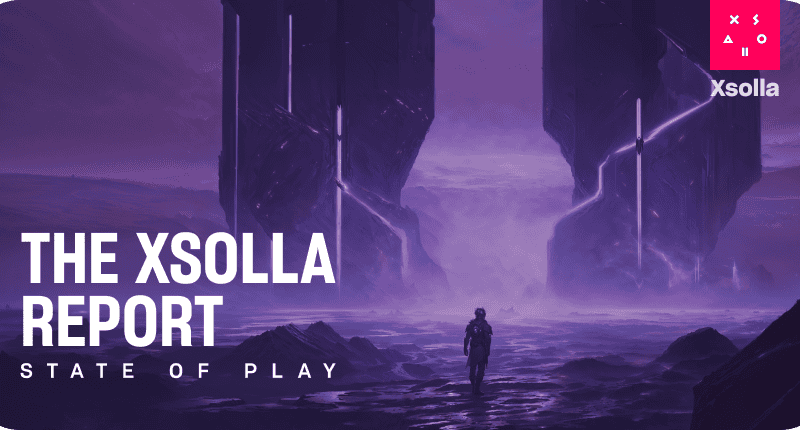 Xsolla State of Play text on bottom left. Top right has the Xsolla company logo. Background is a purple sci-fi picture.