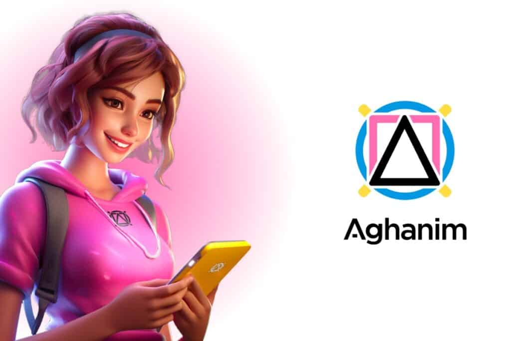 Aghanim cover on the right, a picture of a young woman with a pink t-shirt holding a phone in her hand on the left side of the image