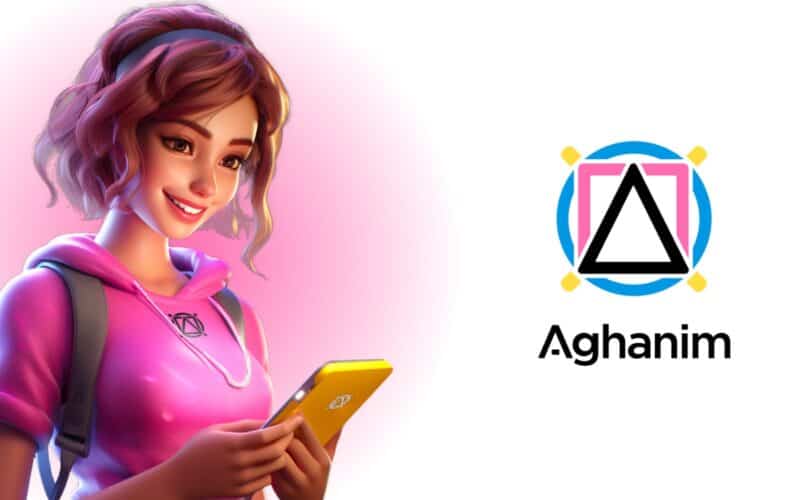 Aghanim cover on the right, a picture of a young woman with a pink t-shirt holding a phone in her hand on the left side of the image