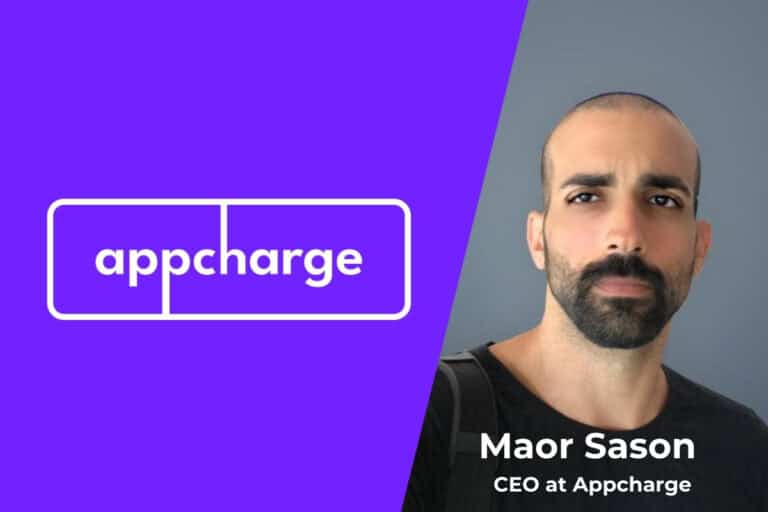 appcharge logo in a purple background on the left side - CEO of appcharge, Maor Sason's picture on the right side