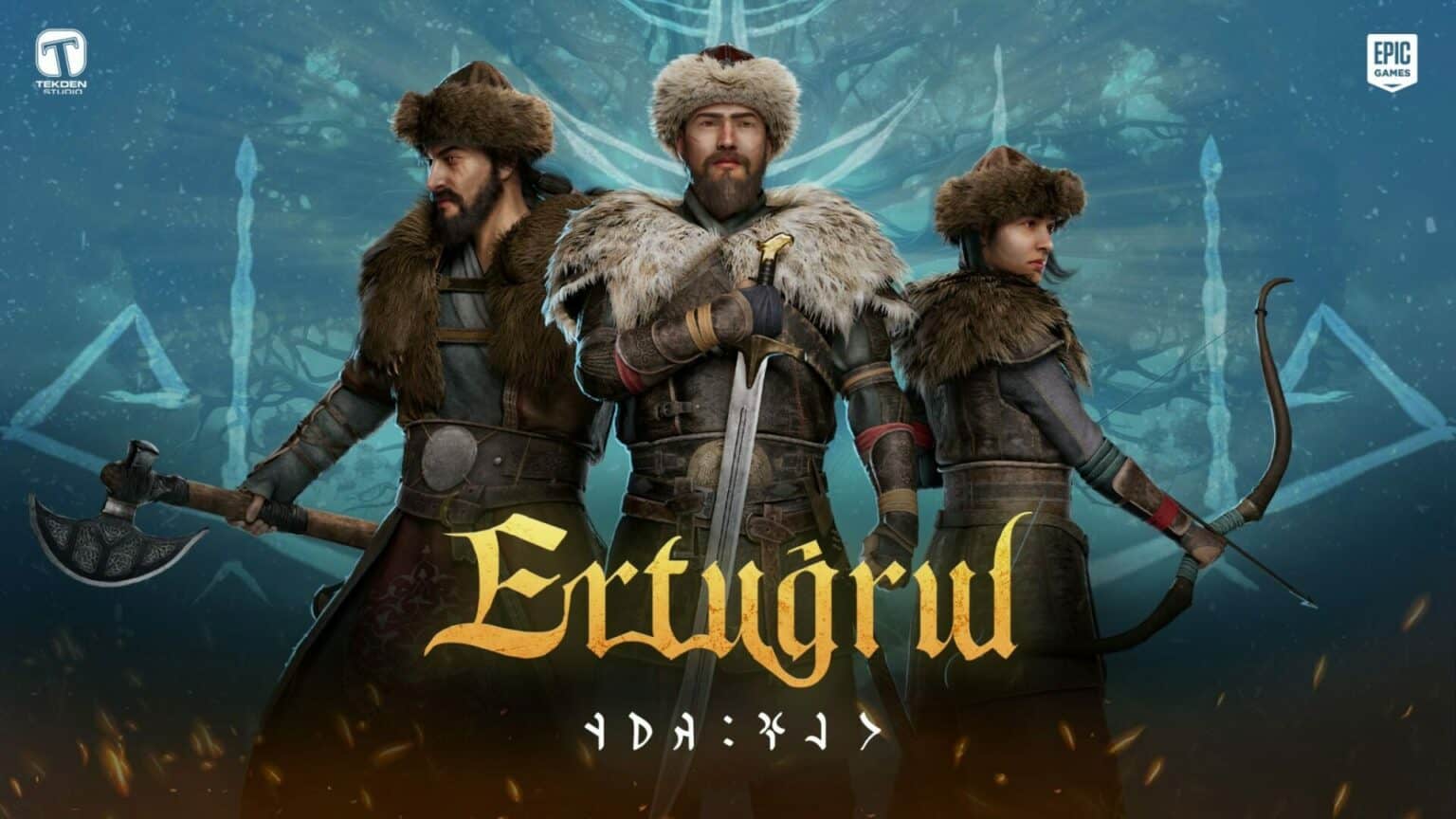 Ulukayın: Ertuğrul kapak resmi. Sol tarafta elinde balta tutan, hafif zırhlı bir karakter, ortada elinde kılıç tutan ana karakter, sağda ise elinde yay tutan kadın bir karakter var.