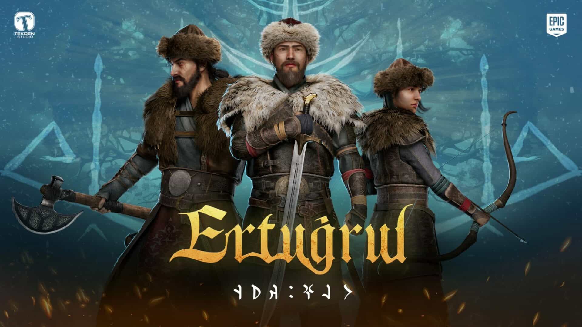Ulukayın: Ertuğrul kapak resmi. Sol tarafta elinde balta tutan, hafif zırhlı bir karakter, ortada elinde kılıç tutan ana karakter, sağda ise elinde yay tutan kadın bir karakter var.