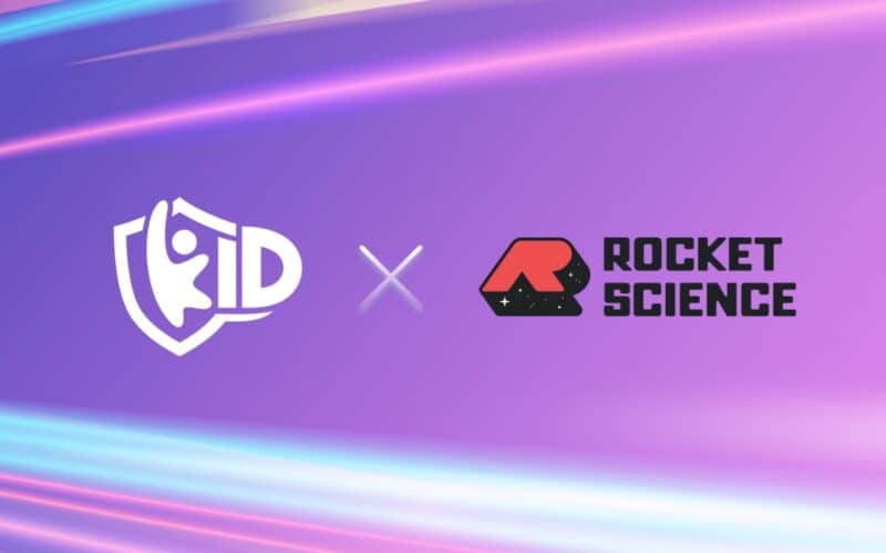 k-ıd and rocket science logos together on a purple background