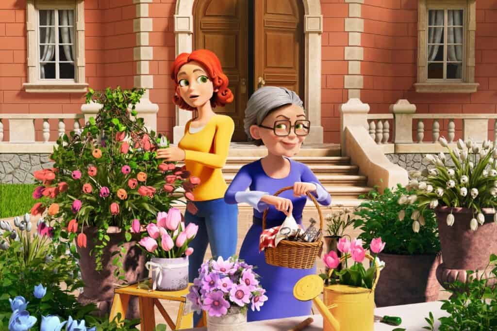 Merge Mansion cover art shows a young woman and her granny in a garden filled with flowers