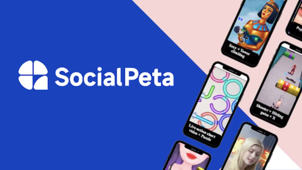 socialpeta logo and text on the left side of the screen. couple of 2d phones with different images are lined up on the right side going vertical