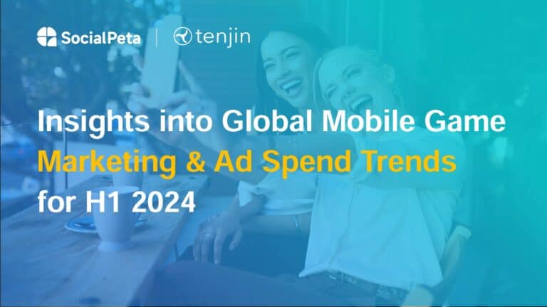 SocialPeta and tenjin logo at the top left. The report for the text says "Insights into Global Mobile Game Marketing & Ad Spend Trends for H1 2024"
