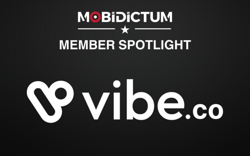 Vibe.co logo in center. Above, there is the Mobidictum logo and member spotlight text.