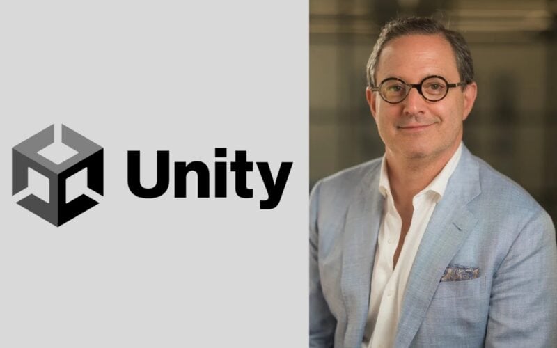 Unity logo on the left, Matthew Bromber's photo CEO of Unity on the right