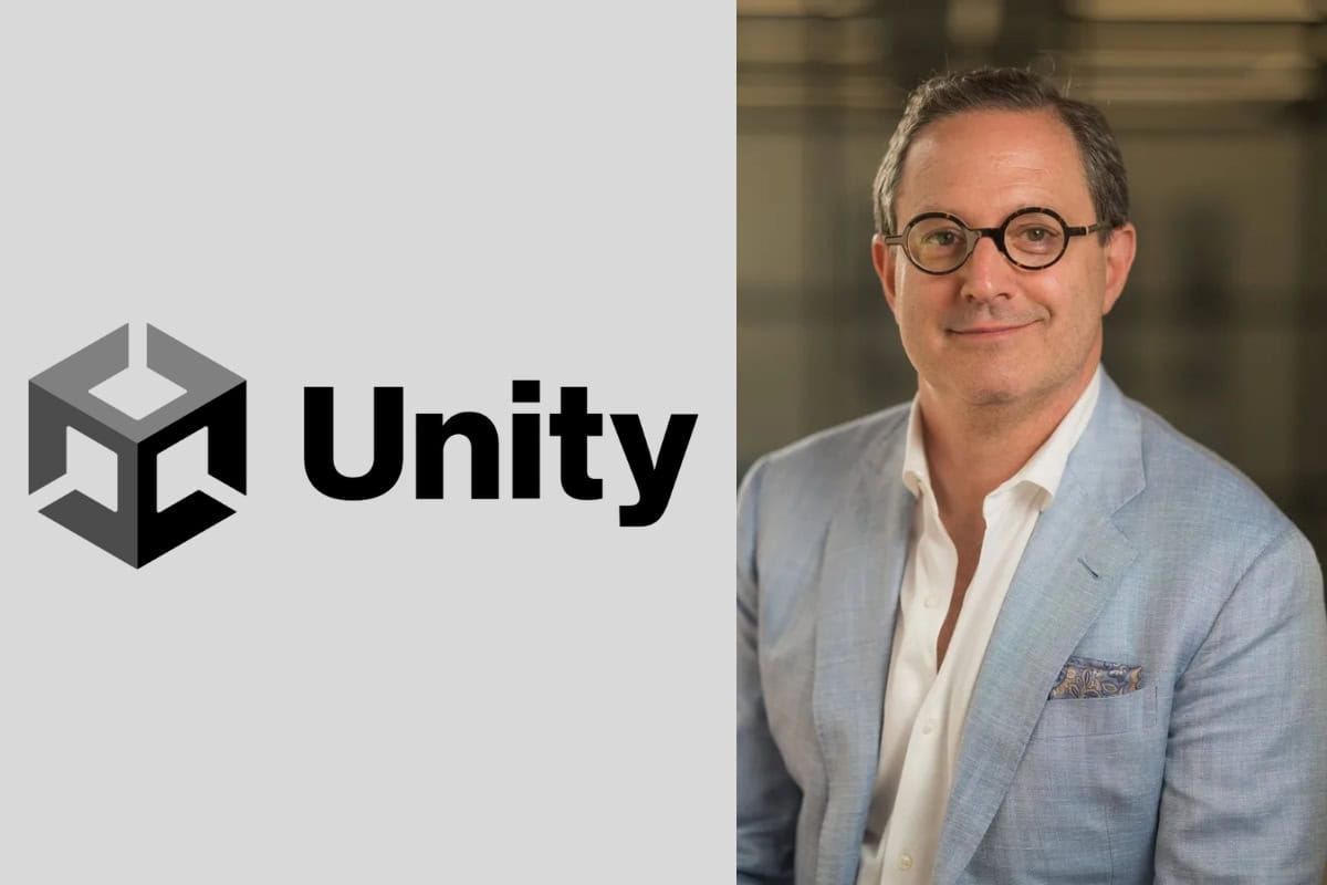 Unity logo on the left, Matthew Bromber's photo CEO of Unity on the right