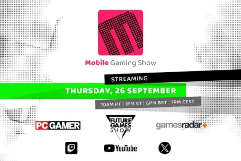 mobile gaming show logo, date and time for the event and sponsor logos of the event