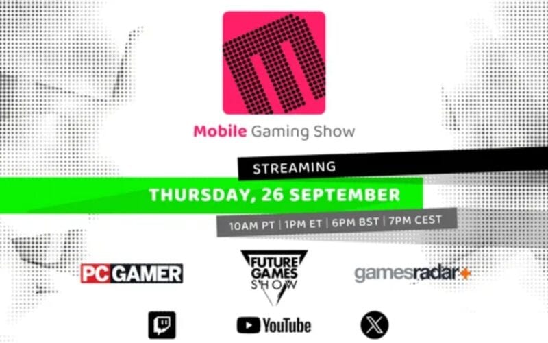 mobile gaming show logo, date and time for the event and sponsor logos of the event