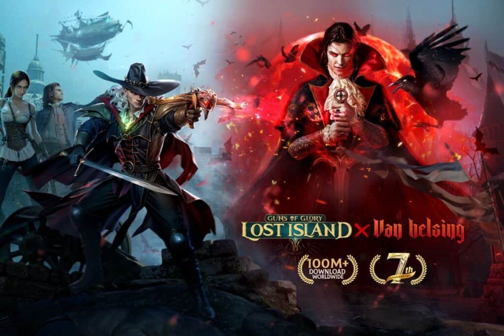 Cover art showcasing van helsing and guns of glory characters, and logos