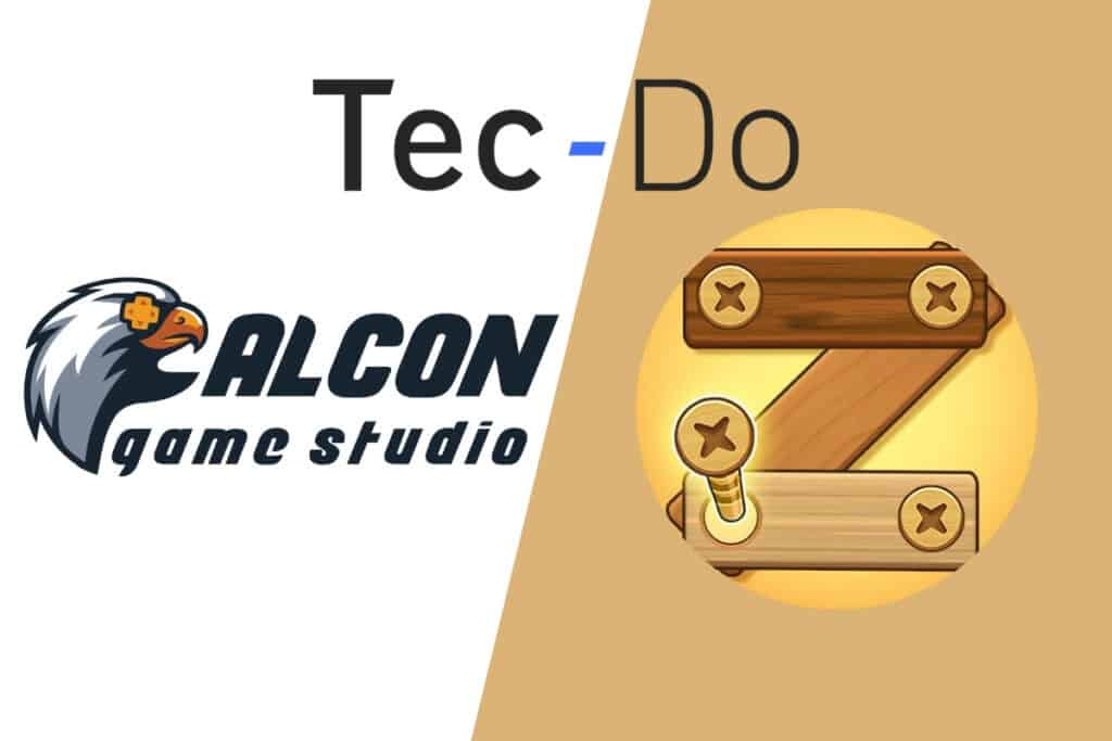 Tec-Do logo on top, falcon game studio on the left, screw puzzle app icon on the right