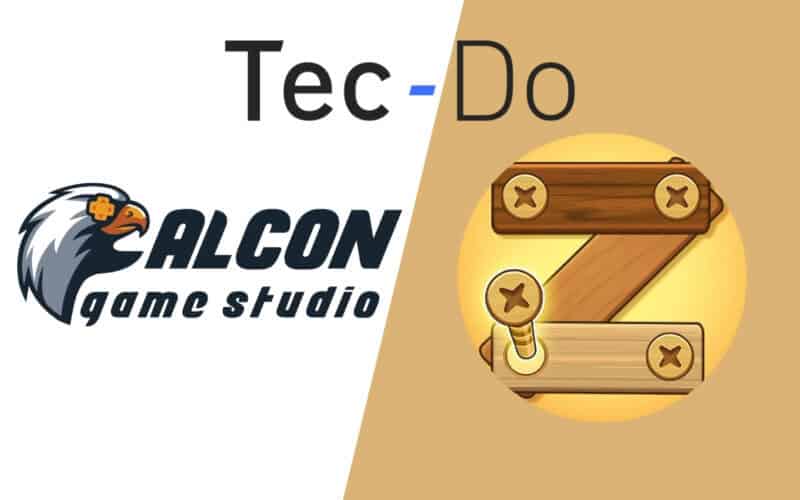 Tec-Do logo on top, falcon game studio on the left, screw puzzle app icon on the right