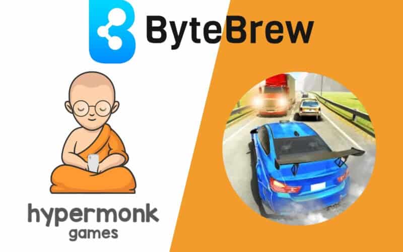 hypermonk games logo on the left, highway overtake app icon on the right, ByteBrew logo on center top