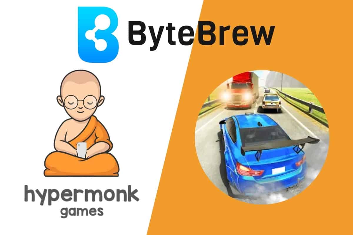 hypermonk games logo on the left, highway overtake app icon on the right, ByteBrew logo on center top