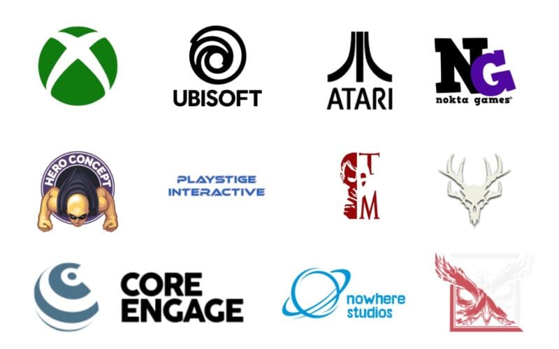 PC company logos attending mobidictum conference 2024, featuring ubisoft, xbox, atari, nokta games, hero concept, playstige interactive, team machiavelli, gamebrain, core engage, nowhere studios and nyctophile studios