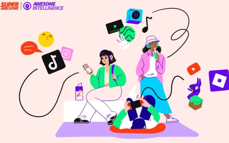 superawesome illustration of its new technology, showcasing teenage characters playing on mobile devices