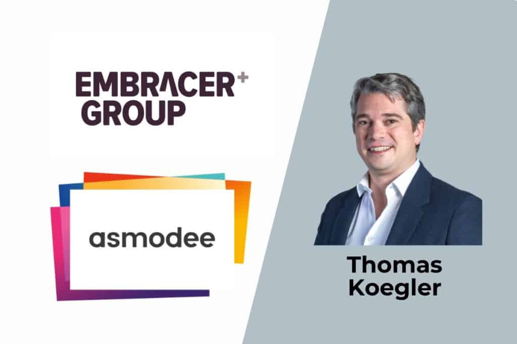 embracer group logo on the left, bottom of that is the asmodee logo, on the right side there is the picture of thomas koegler