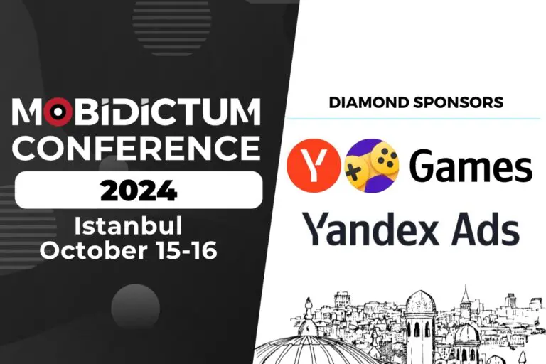 mobidictum conference 2024 logo on the left, yandex ads and yandex games logos on the right, above them it says diamond sponsors, below them is a illustration of istanbul