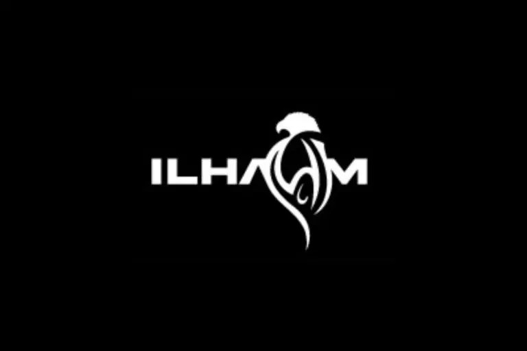 ILHAM logo on black background. ILHAM logo is a plain white text, with the A letter shaping into a bird and connecting with the M letter