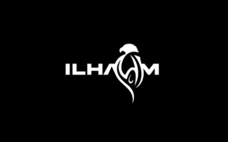 ILHAM logo on black background. ILHAM logo is a plain white text, with the A letter shaping into a bird and connecting with the M letter