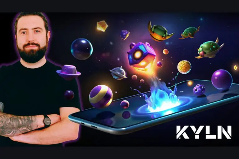 kyln banner artwork shows a phone in space, pushing planets through a portal