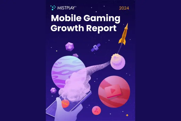 Mistplay 2024 Mobile Gaming Growth Report text, in a space background with colorful planets and a rocket flying