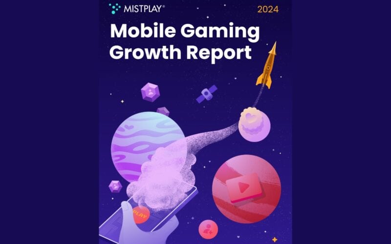 Mistplay 2024 Mobile Gaming Growth Report text, in a space background with colorful planets and a rocket flying