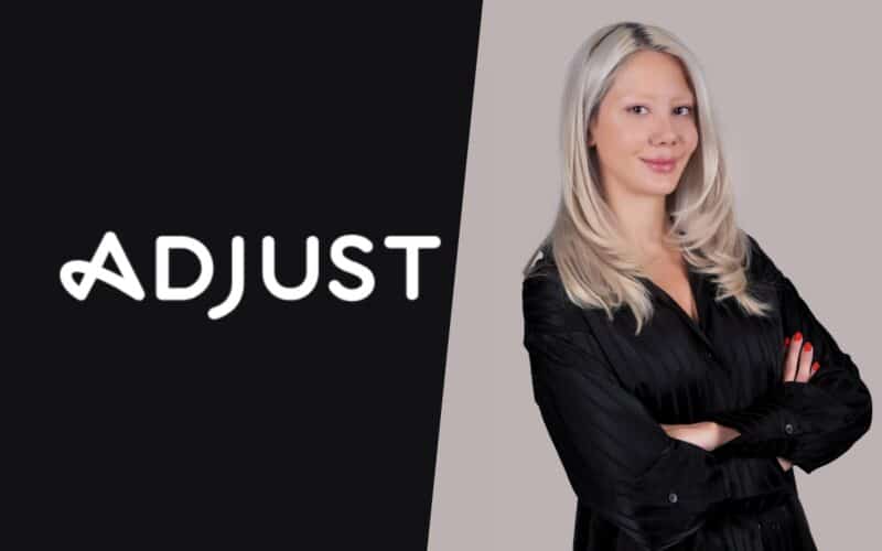 adjust logo on the left, başak zerman foto on the right for the future of app measurement interview