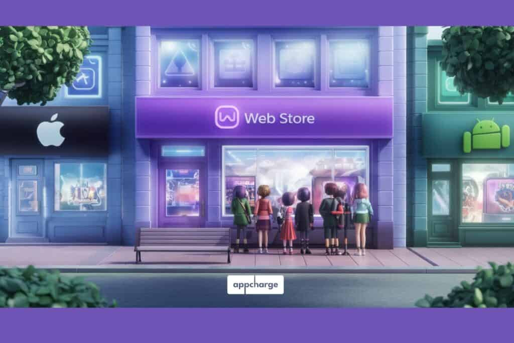 appcharge direct-to-consumer (DTC) article image shows an illustration of people standing infront of a web store market, with apple store on the left and android store on the right of it as completely empty