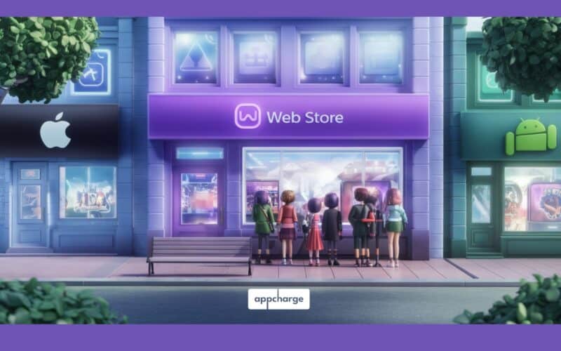 appcharge direct-to-consumer (DTC) article image shows an illustration of people standing infront of a web store market, with apple store on the left and android store on the right of it as completely empty