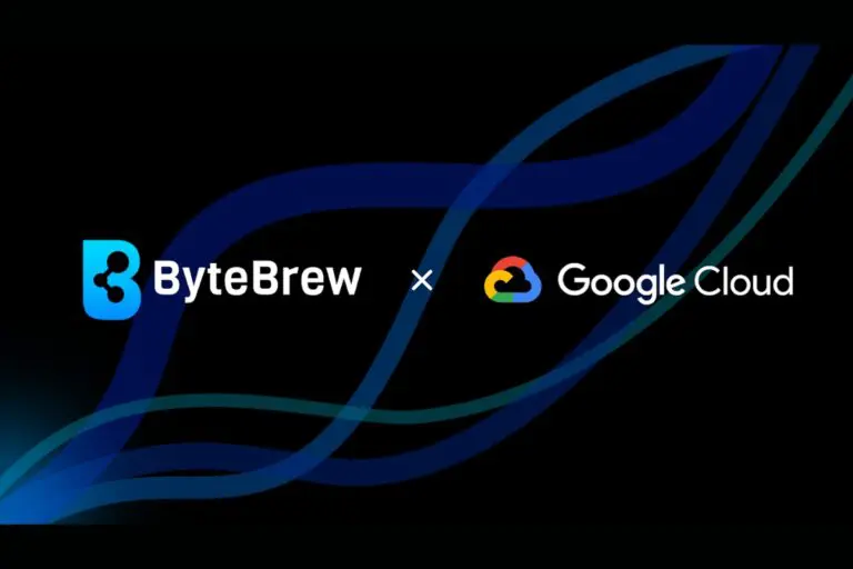 ByteBrew logo on the left, Google Cloud logo on the right and a cross (x) in between on a black and blue background