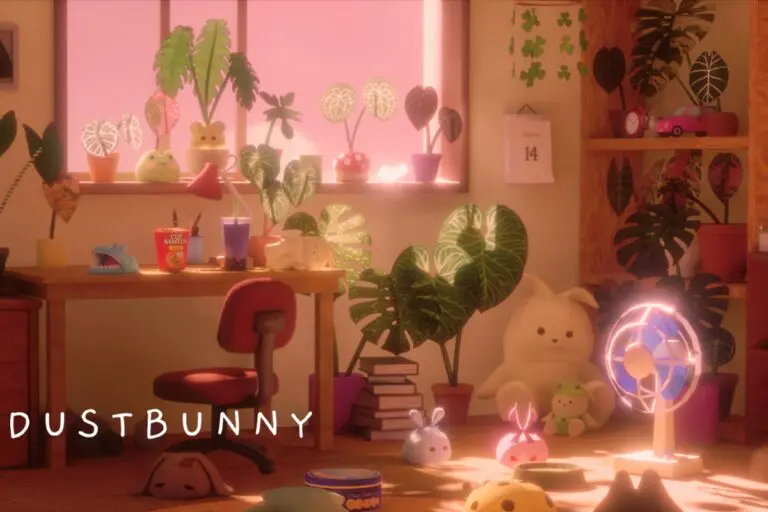 Dustbunny cover art features a gameplay screen from the game, a cozy room, and the logo of dustbunny, which is plain white text