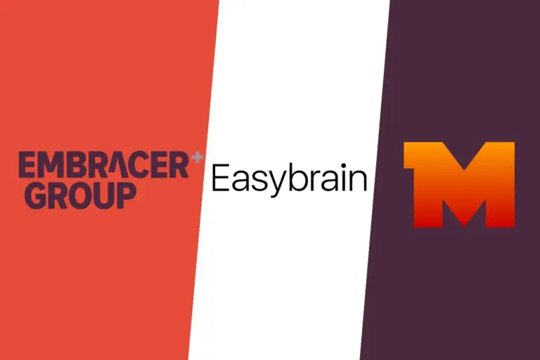 embracer group logo on the left, easybrain logo in the middle, miniclip logo on the right