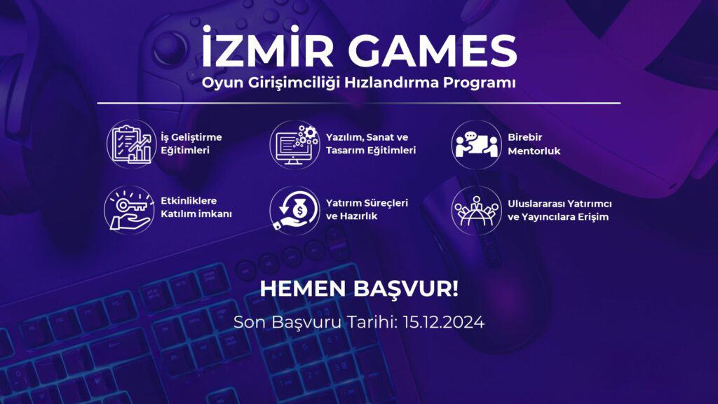 izmir games oyun girişimciliği hızlandırma programı yazısı altında programın içeriği yuvarlak daireler içerisinde yer alan ikonlar ile yazılmış